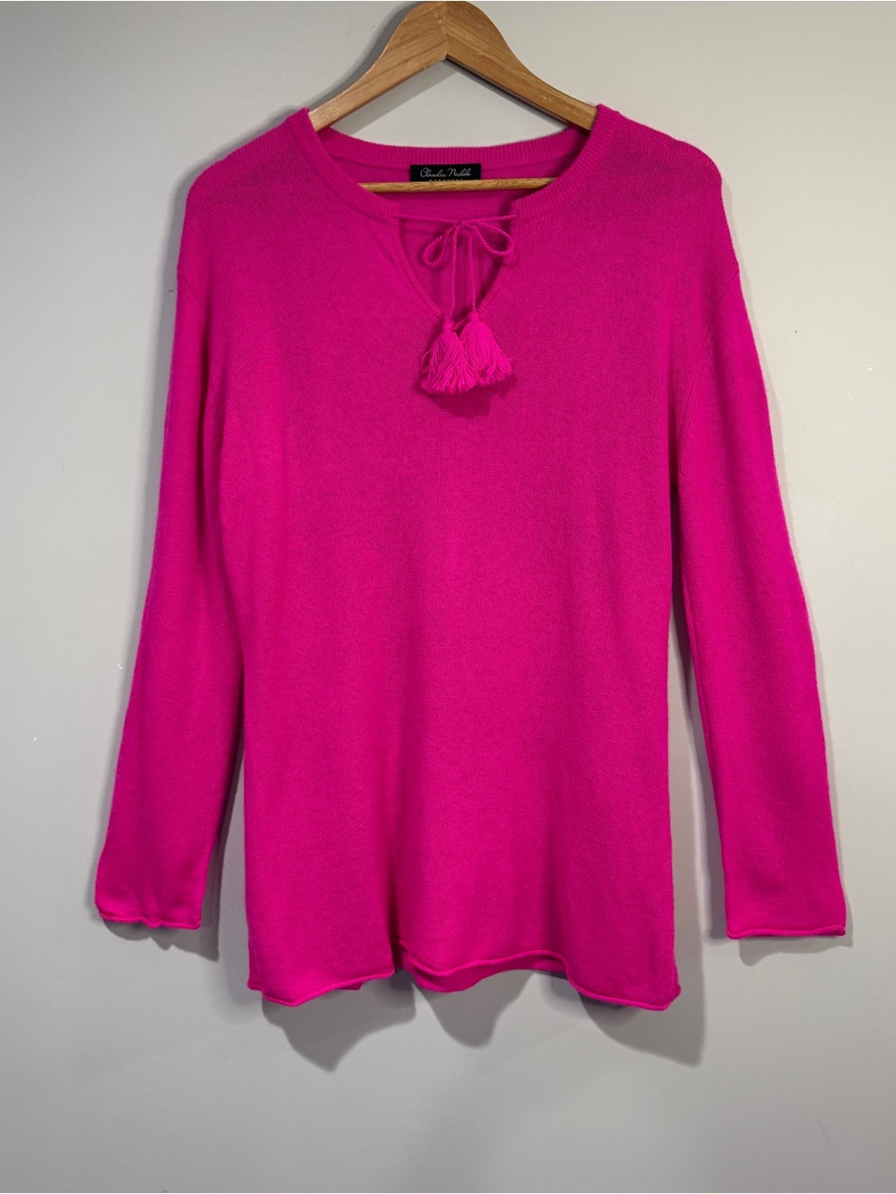 Claudia Nichole 100% Cashmere Hot Pink Tunic Sweater Tassel Tie Neck Resort L
